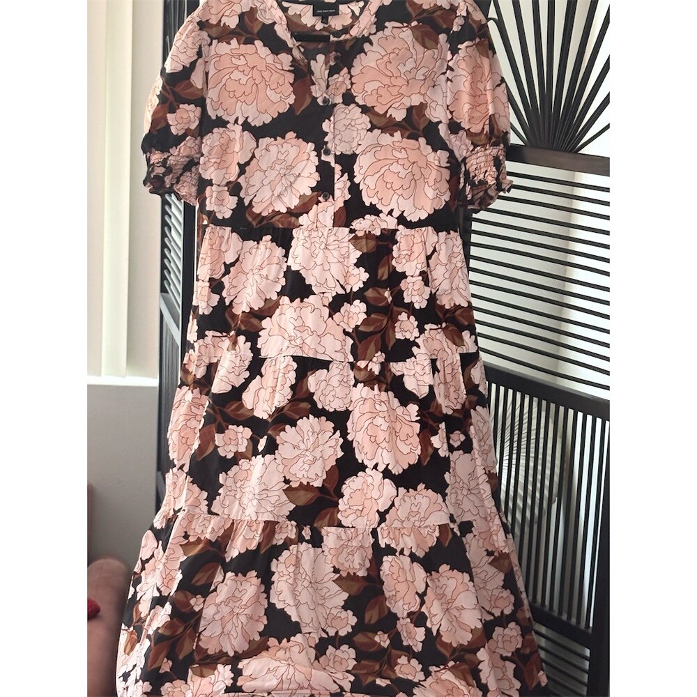 Who What Wear Dress Womens XL Black Pink Floral Tiered Midi Puff Sleeve